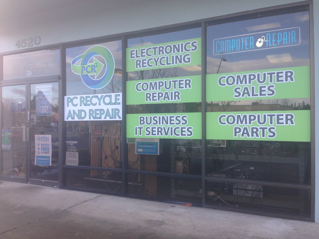 storefront window graphics for PC Recycle and Repair by Vinyl Lab NW of Lynnwood