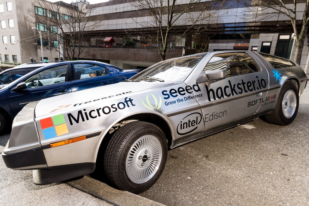custom sponsorship graphics for Hackster's DeLorean